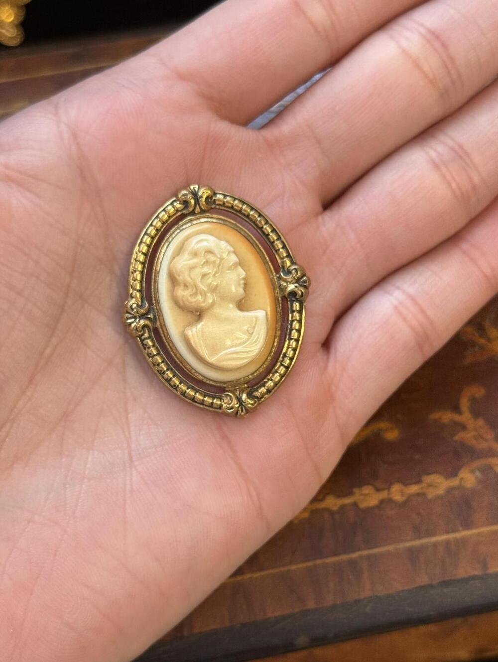 Vintage Cameo Gold Tone celluloid Brooch Pin